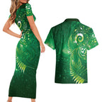 Aotearoa New Zealand New Year Couples Matching Short Sleeve Bodycon Dress and Hawaiian Shirt Tribal Koru Tattoo Green Galaxy Maori Silver Fern