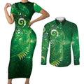Aotearoa New Zealand New Year Couples Matching Short Sleeve Bodycon Dress and Long Sleeve Button Shirt Tribal Koru Tattoo Green Galaxy Maori Silver Fern
