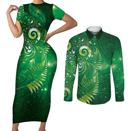 Aotearoa New Zealand New Year Couples Matching Short Sleeve Bodycon Dress and Long Sleeve Button Shirt Tribal Koru Tattoo Green Galaxy Maori Silver Fern