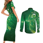 Aotearoa New Zealand New Year Couples Matching Short Sleeve Bodycon Dress and Long Sleeve Button Shirt Tribal Koru Tattoo Green Galaxy Maori Silver Fern