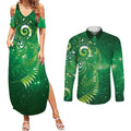 Aotearoa New Zealand New Year Couples Matching Summer Maxi Dress and Long Sleeve Button Shirt Tribal Koru Tattoo Green Galaxy Maori Silver Fern