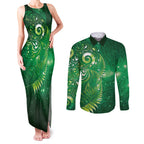 Aotearoa New Zealand New Year Couples Matching Tank Maxi Dress and Long Sleeve Button Shirt Tribal Koru Tattoo Green Galaxy Maori Silver Fern