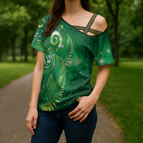 Aotearoa New Zealand New Year Cross Shoulder Shirt Tribal Koru Tattoo Green Galaxy Maori Silver Fern