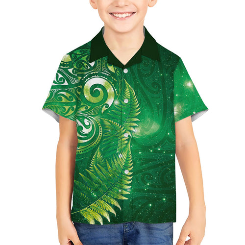 Aotearoa New Zealand New Year Family Matching Long Sleeve Bodycon Dress and Hawaiian Shirt Tribal Koru Tattoo Green Galaxy Maori Silver Fern