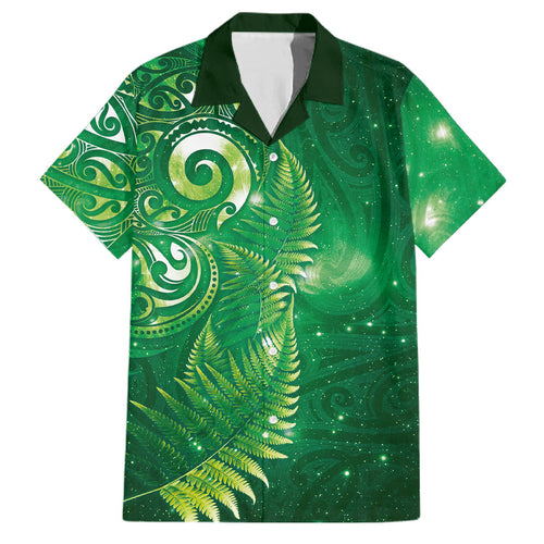 Aotearoa New Zealand New Year Family Matching Off The Shoulder Long Sleeve Dress and Hawaiian Shirt Tribal Koru Tattoo Green Galaxy Maori Silver Fern