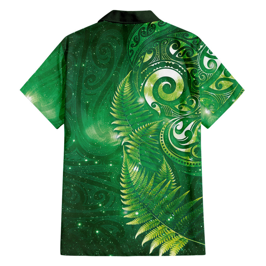 Aotearoa New Zealand New Year Family Matching Off The Shoulder Long Sleeve Dress and Hawaiian Shirt Tribal Koru Tattoo Green Galaxy Maori Silver Fern
