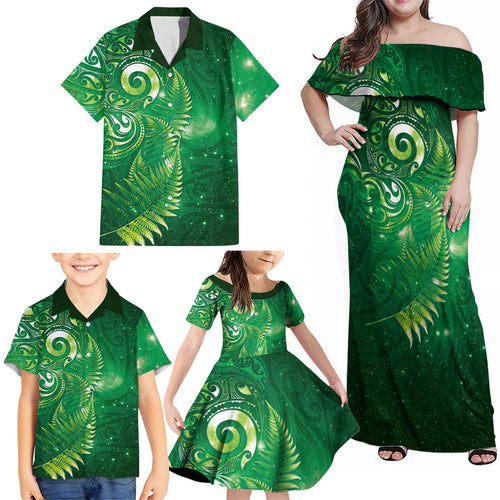 Aotearoa New Zealand New Year Family Matching Off Shoulder Maxi Dress and Hawaiian Shirt Tribal Koru Tattoo Green Galaxy Maori Silver Fern