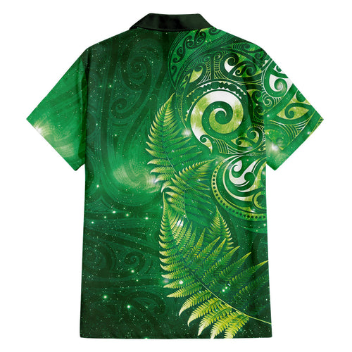Aotearoa New Zealand New Year Family Matching Off Shoulder Maxi Dress and Hawaiian Shirt Tribal Koru Tattoo Green Galaxy Maori Silver Fern