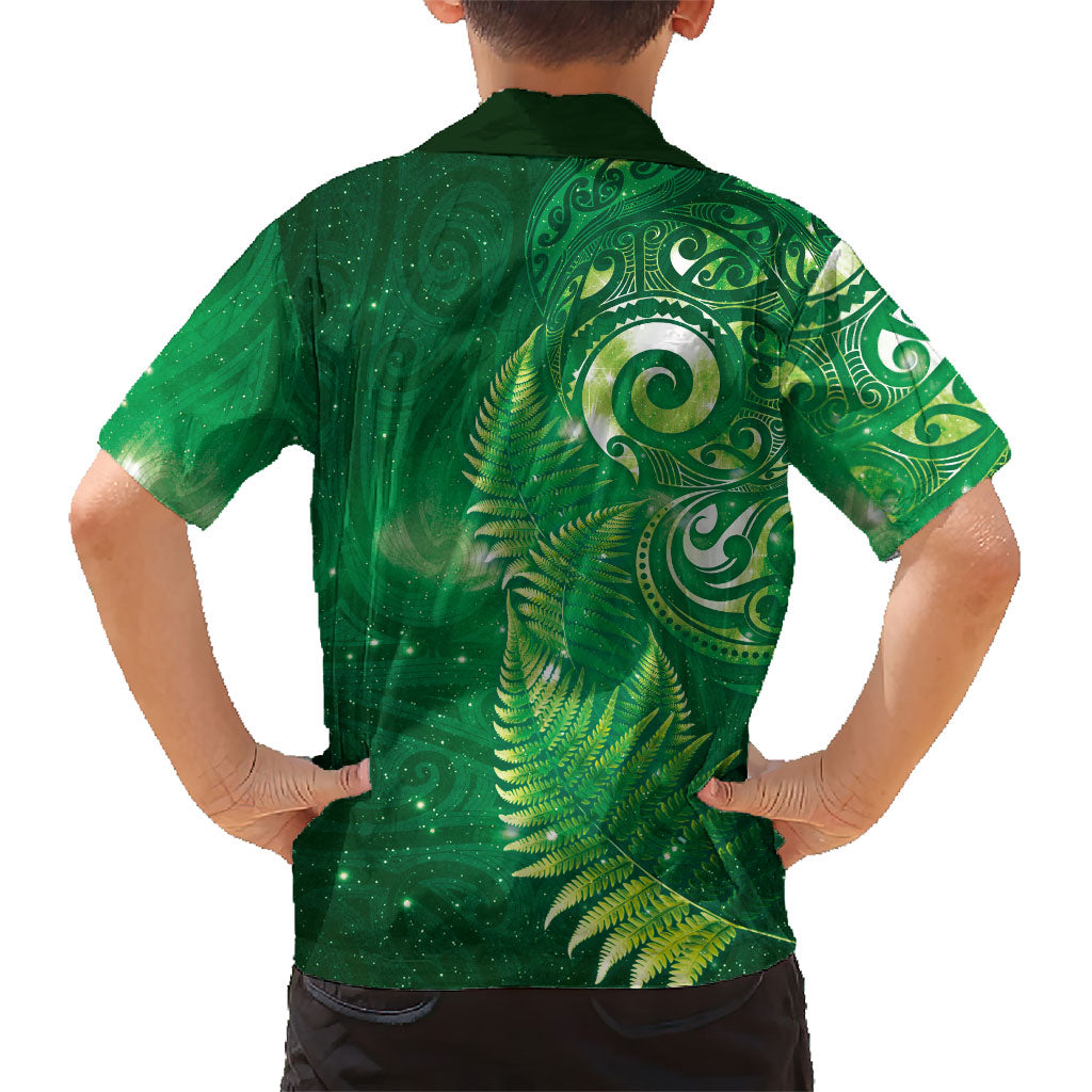 Aotearoa New Zealand New Year Family Matching Off Shoulder Short Dress and Hawaiian Shirt Tribal Koru Tattoo Green Galaxy Maori Silver Fern