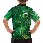 Aotearoa New Zealand New Year Family Matching Off Shoulder Short Dress and Hawaiian Shirt Tribal Koru Tattoo Green Galaxy Maori Silver Fern