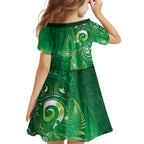 Aotearoa New Zealand New Year Family Matching Off Shoulder Short Dress and Hawaiian Shirt Tribal Koru Tattoo Green Galaxy Maori Silver Fern