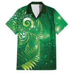 Aotearoa New Zealand New Year Family Matching Off Shoulder Short Dress and Hawaiian Shirt Tribal Koru Tattoo Green Galaxy Maori Silver Fern