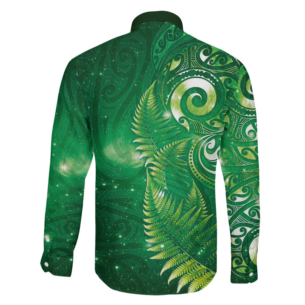Aotearoa New Zealand New Year Family Matching Off Shoulder Short Dress and Hawaiian Shirt Tribal Koru Tattoo Green Galaxy Maori Silver Fern