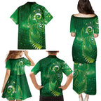 Aotearoa New Zealand New Year Family Matching Puletasi and Hawaiian Shirt Tribal Koru Tattoo Green Galaxy Maori Silver Fern