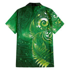 Aotearoa New Zealand New Year Family Matching Short Sleeve Bodycon Dress and Hawaiian Shirt Tribal Koru Tattoo Green Galaxy Maori Silver Fern