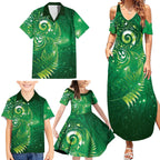 Aotearoa New Zealand New Year Family Matching Summer Maxi Dress and Hawaiian Shirt Tribal Koru Tattoo Green Galaxy Maori Silver Fern