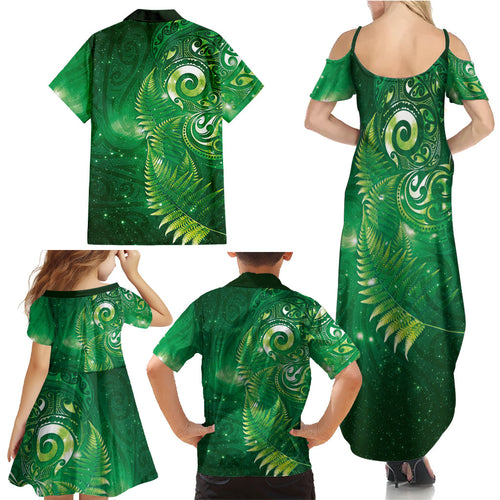 Aotearoa New Zealand New Year Family Matching Summer Maxi Dress and Hawaiian Shirt Tribal Koru Tattoo Green Galaxy Maori Silver Fern