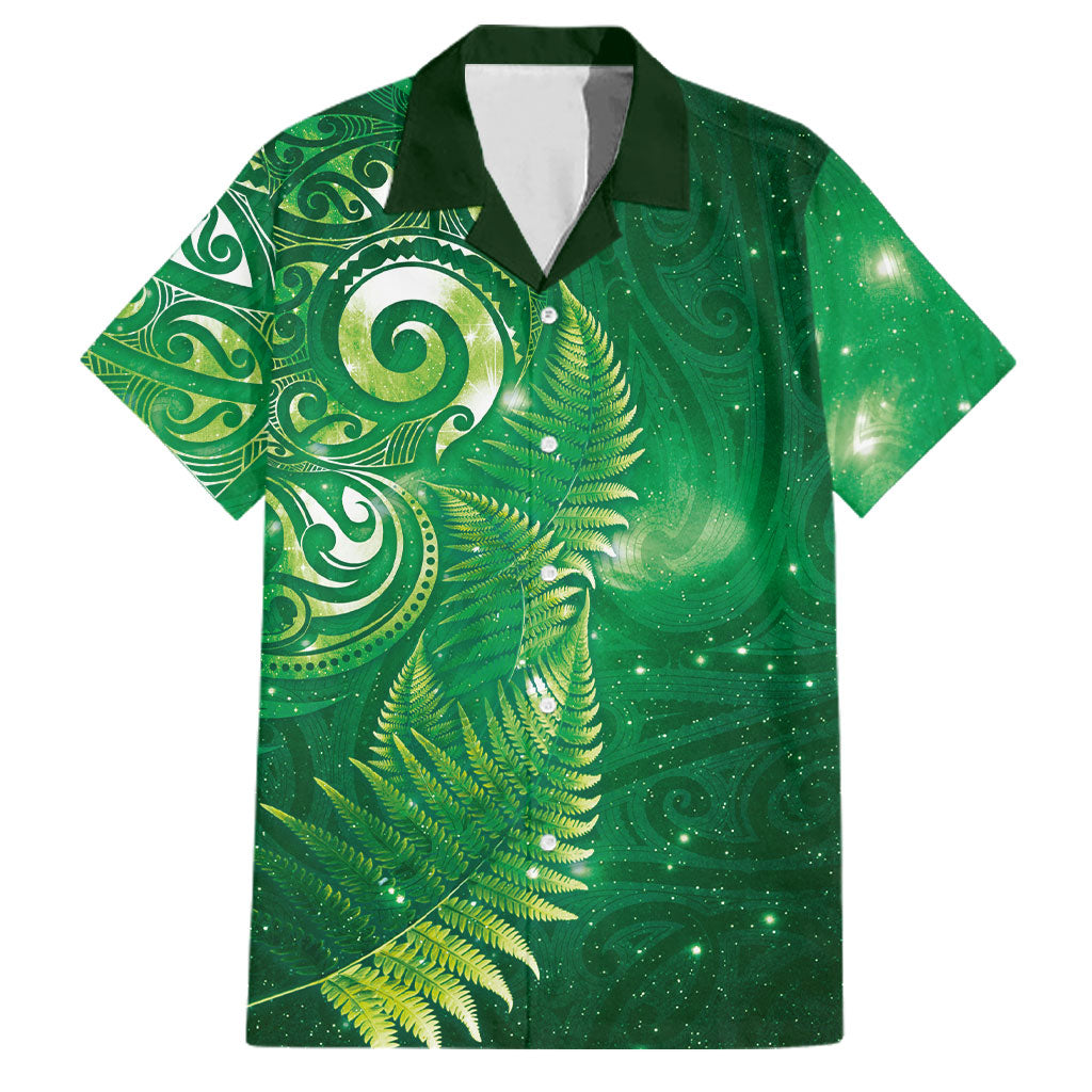 Aotearoa New Zealand New Year Family Matching Summer Maxi Dress and Hawaiian Shirt Tribal Koru Tattoo Green Galaxy Maori Silver Fern