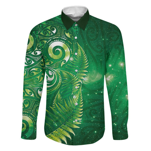 Aotearoa New Zealand New Year Family Matching Summer Maxi Dress and Hawaiian Shirt Tribal Koru Tattoo Green Galaxy Maori Silver Fern