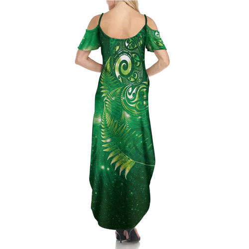 Aotearoa New Zealand New Year Family Matching Summer Maxi Dress and Hawaiian Shirt Tribal Koru Tattoo Green Galaxy Maori Silver Fern