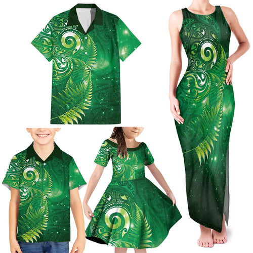 Aotearoa New Zealand New Year Family Matching Tank Maxi Dress and Hawaiian Shirt Tribal Koru Tattoo Green Galaxy Maori Silver Fern