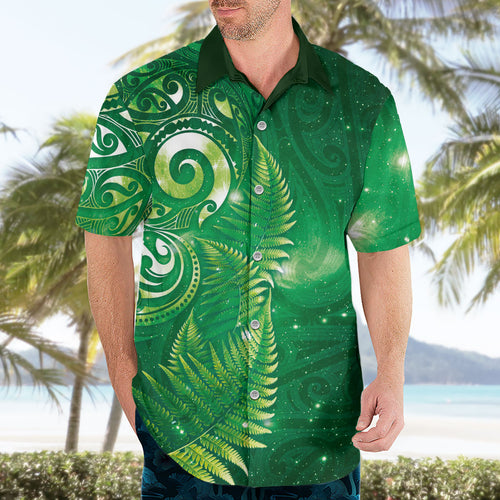 Aotearoa New Zealand New Year Hawaiian Shirt Tribal Koru Tattoo Green Galaxy Maori Silver Fern