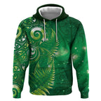 Aotearoa New Zealand New Year Hoodie Tribal Koru Tattoo Green Galaxy Maori Silver Fern