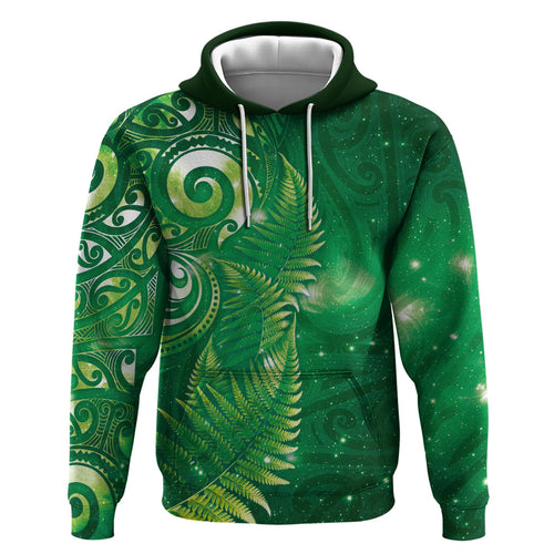 Aotearoa New Zealand New Year Hoodie Tribal Koru Tattoo Green Galaxy Maori Silver Fern