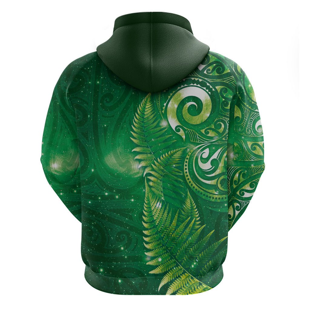 Aotearoa New Zealand New Year Hoodie Tribal Koru Tattoo Green Galaxy Maori Silver Fern