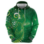 Aotearoa New Zealand New Year Hoodie Tribal Koru Tattoo Green Galaxy Maori Silver Fern