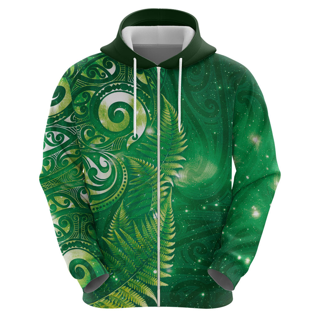Aotearoa New Zealand New Year Hoodie Tribal Koru Tattoo Green Galaxy Maori Silver Fern