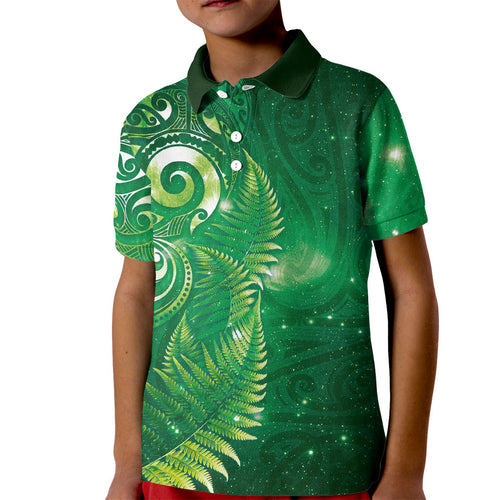 Aotearoa New Zealand New Year Kid Polo Shirt Tribal Koru Tattoo Green Galaxy Maori Silver Fern