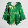 Aotearoa New Zealand New Year Kimono Sleeve Blouse Tribal Koru Tattoo Green Galaxy Maori Silver Fern