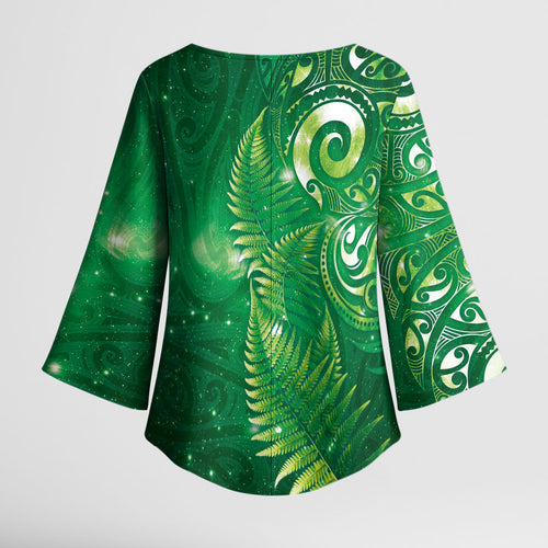 Aotearoa New Zealand New Year Kimono Sleeve Blouse Tribal Koru Tattoo Green Galaxy Maori Silver Fern