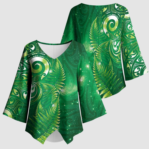Aotearoa New Zealand New Year Kimono Sleeve Blouse Tribal Koru Tattoo Green Galaxy Maori Silver Fern