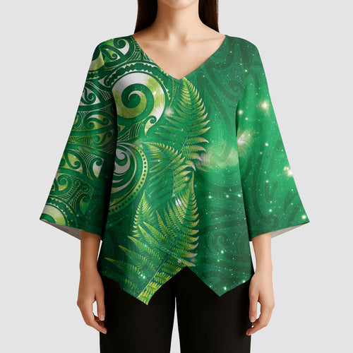 Aotearoa New Zealand New Year Kimono Sleeve Blouse Tribal Koru Tattoo Green Galaxy Maori Silver Fern