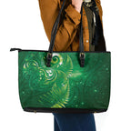 Aotearoa New Zealand New Year Leather Tote Bag Tribal Koru Tattoo Green Galaxy Maori Silver Fern