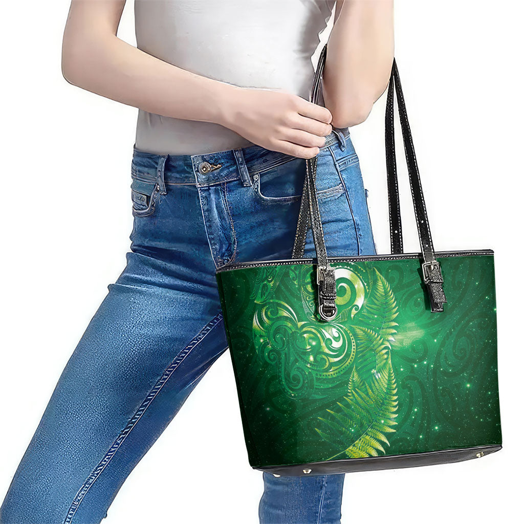 Aotearoa New Zealand New Year Leather Tote Bag Tribal Koru Tattoo Green Galaxy Maori Silver Fern