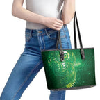 Aotearoa New Zealand New Year Leather Tote Bag Tribal Koru Tattoo Green Galaxy Maori Silver Fern