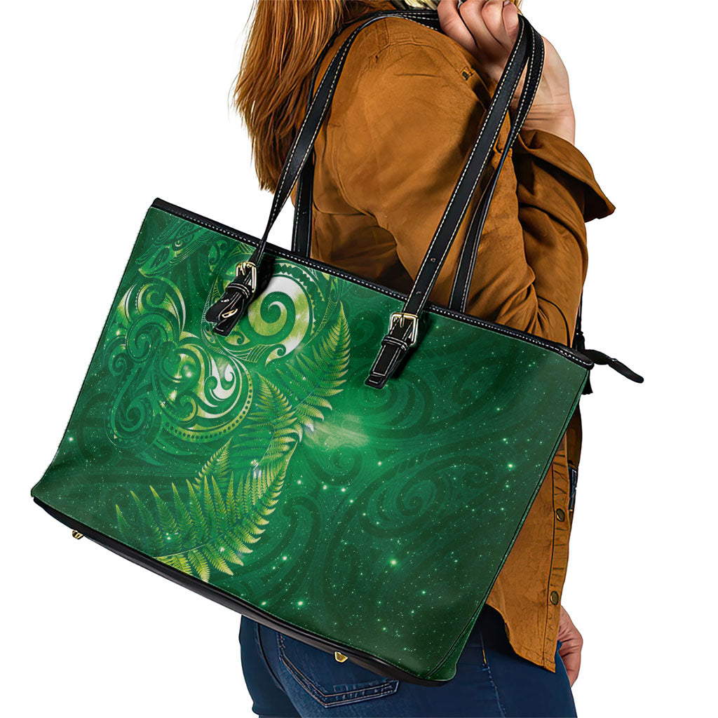 Aotearoa New Zealand New Year Leather Tote Bag Tribal Koru Tattoo Green Galaxy Maori Silver Fern