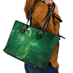 Aotearoa New Zealand New Year Leather Tote Bag Tribal Koru Tattoo Green Galaxy Maori Silver Fern