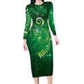 Aotearoa New Zealand New Year Long Sleeve Bodycon Dress Tribal Koru Tattoo Green Galaxy Maori Silver Fern