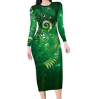 Aotearoa New Zealand New Year Long Sleeve Bodycon Dress Tribal Koru Tattoo Green Galaxy Maori Silver Fern