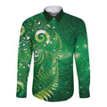 Aotearoa New Zealand New Year Long Sleeve Button Shirt Tribal Koru Tattoo Green Galaxy Maori Silver Fern