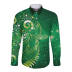 Aotearoa New Zealand New Year Long Sleeve Button Shirt Tribal Koru Tattoo Green Galaxy Maori Silver Fern