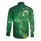 Aotearoa New Zealand New Year Long Sleeve Button Shirt Tribal Koru Tattoo Green Galaxy Maori Silver Fern