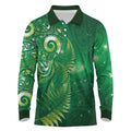 Aotearoa New Zealand New Year Long Sleeve Polo Shirt Tribal Koru Tattoo Green Galaxy Maori Silver Fern