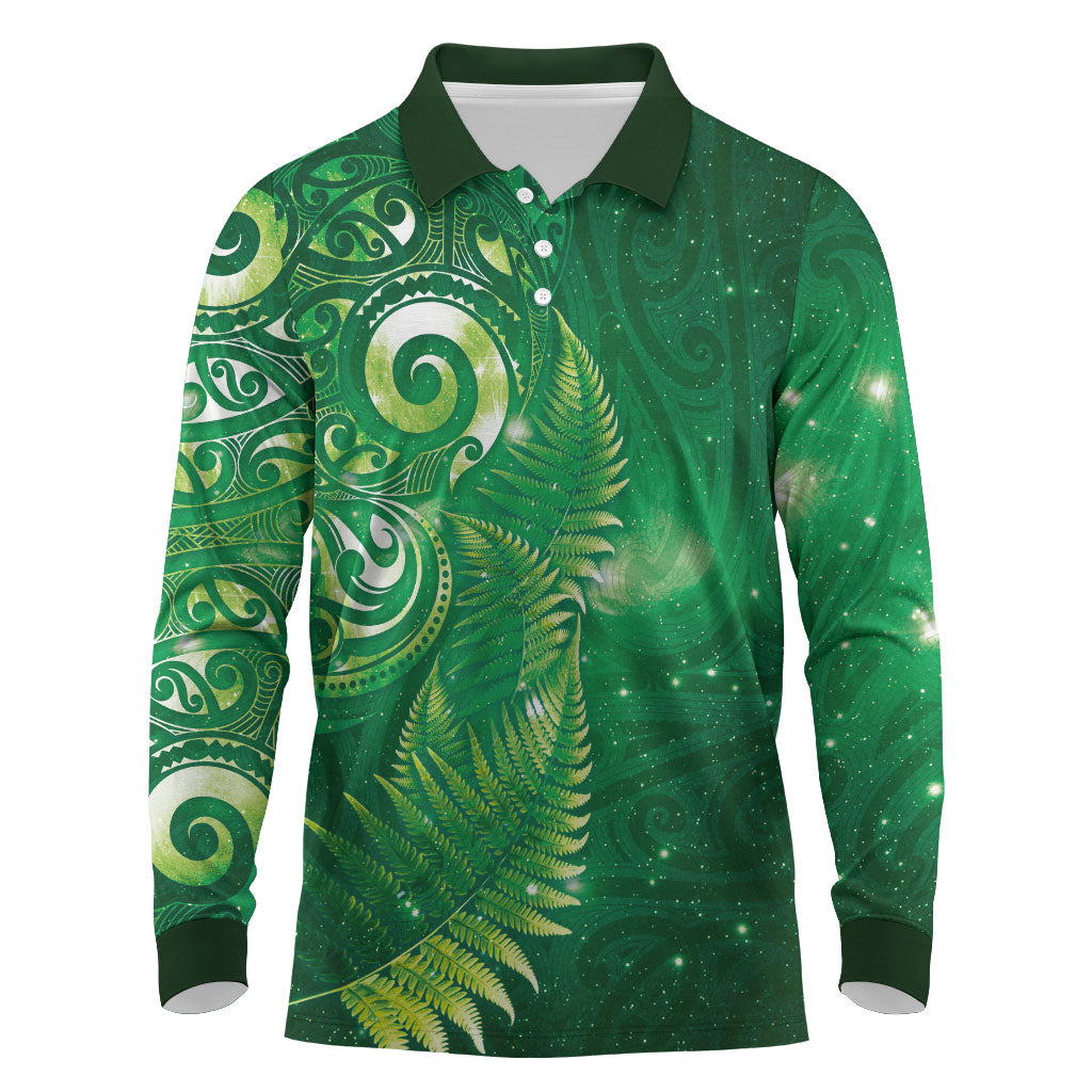 Aotearoa New Zealand New Year Long Sleeve Polo Shirt Tribal Koru Tattoo Green Galaxy Maori Silver Fern