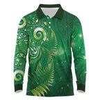 Aotearoa New Zealand New Year Long Sleeve Polo Shirt Tribal Koru Tattoo Green Galaxy Maori Silver Fern