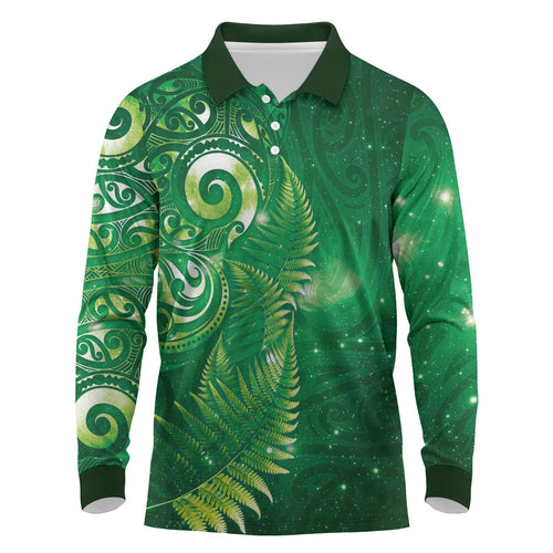Aotearoa New Zealand New Year Long Sleeve Polo Shirt Tribal Koru Tattoo Green Galaxy Maori Silver Fern
